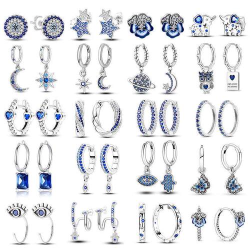 Shining Blue Zircon Owl Earrings 925 Silver Evil Eyes Earrin