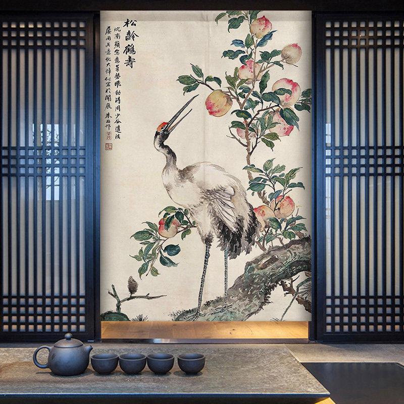 新中式飞鹤仙鹤玄关门帘中国风客厅卧室装饰布帘家用隔断窗免打孔