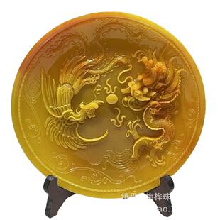 仿寿山石龙风盘朱砂鎏金龙凤盘客厅玄关装饰摆件玉屏玉璧