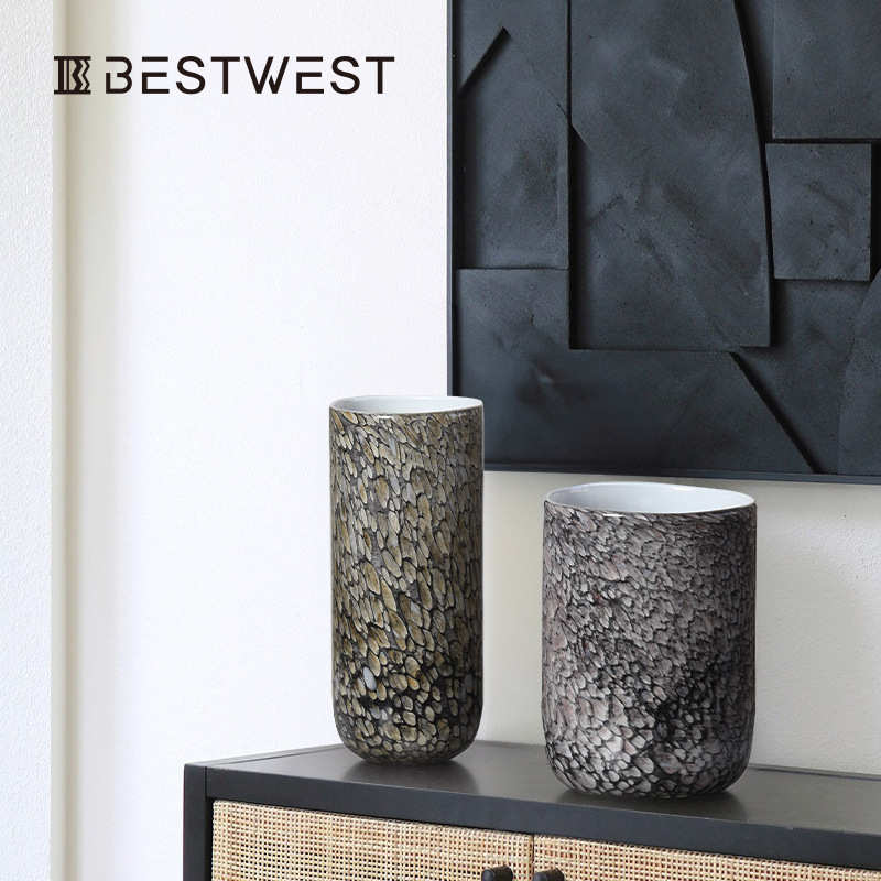 大秀家居 大理石鹅卵石直筒柱状水培玻璃花瓶样板间花器软装饰品