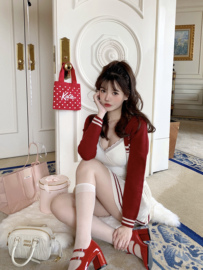 creamysweet元气小桃红美式复古套装，裙红色针织外套+显瘦半身裙
