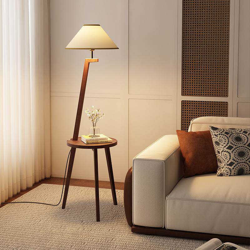 客厅沙发旁边的落地灯实木美式复古卧室床头柜置物架一体台灯地灯