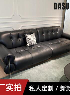 黑糖云朵沙发中古风油蜡皮极简直排设计师高脚美式小户型复古沙发