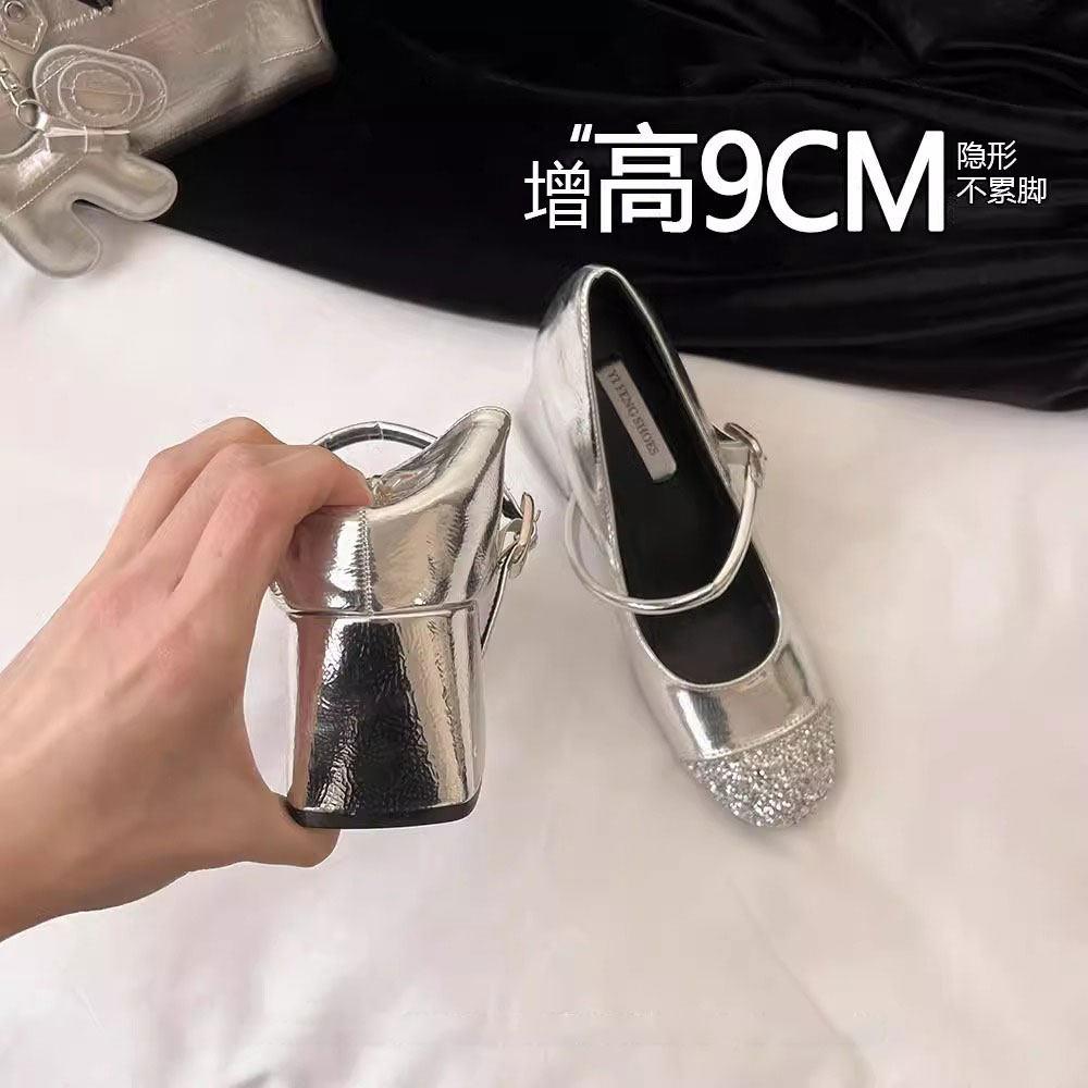香港真皮内增高银色玛丽珍单鞋女2026春秋新款浅口粗高跟芭蕾舞鞋