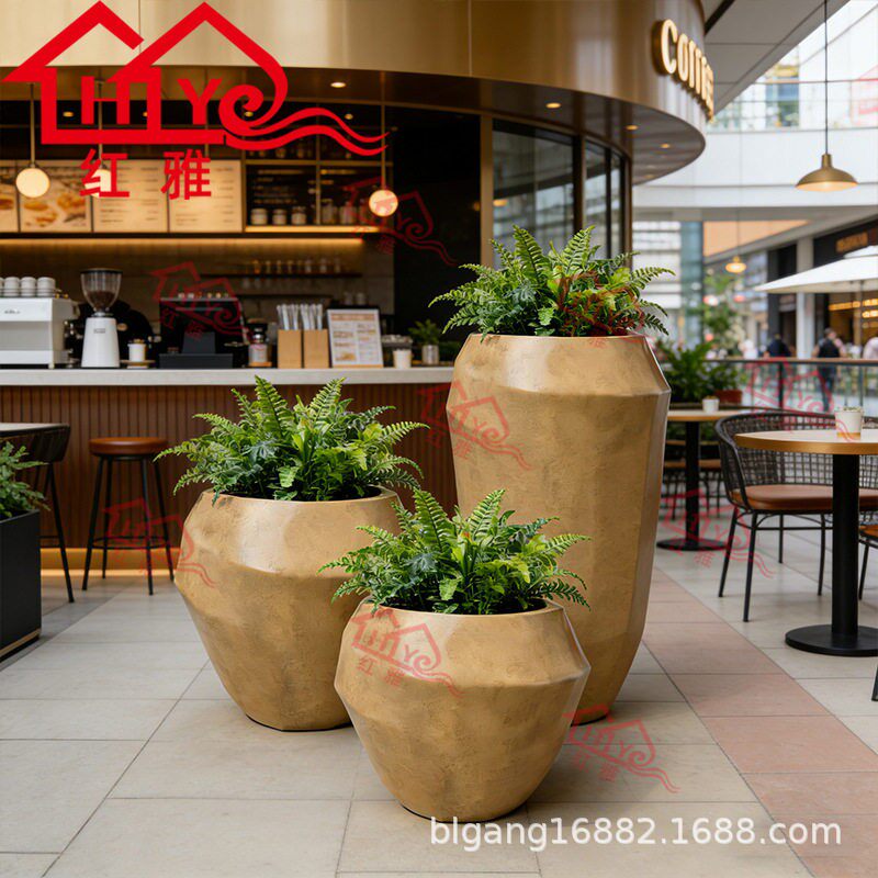 玻璃钢几何切面花盆商场酒店大堂花箱室内外创意组合彩绘圆形花器