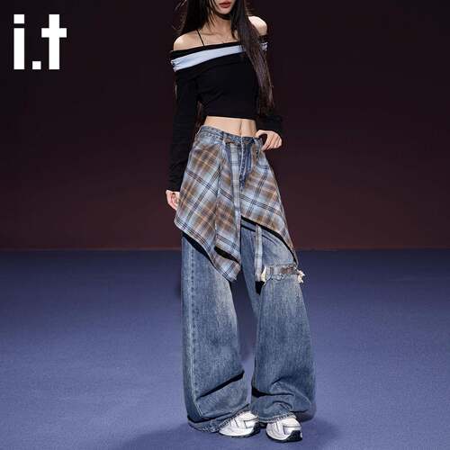 it izzue春夏屁帘破洞阔腿牛仔裤女2025秋新款高腰宽松显瘦拖地裤
