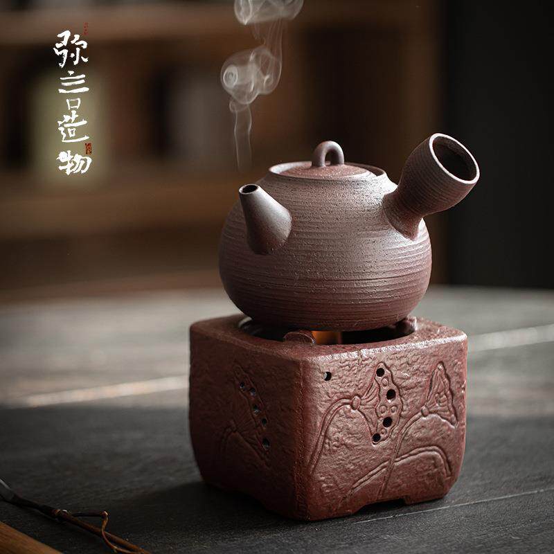 弥言煮茶套装手工粗陶雕刻煮茶器围炉煮茶整套酒精蜡烛温茶器功夫