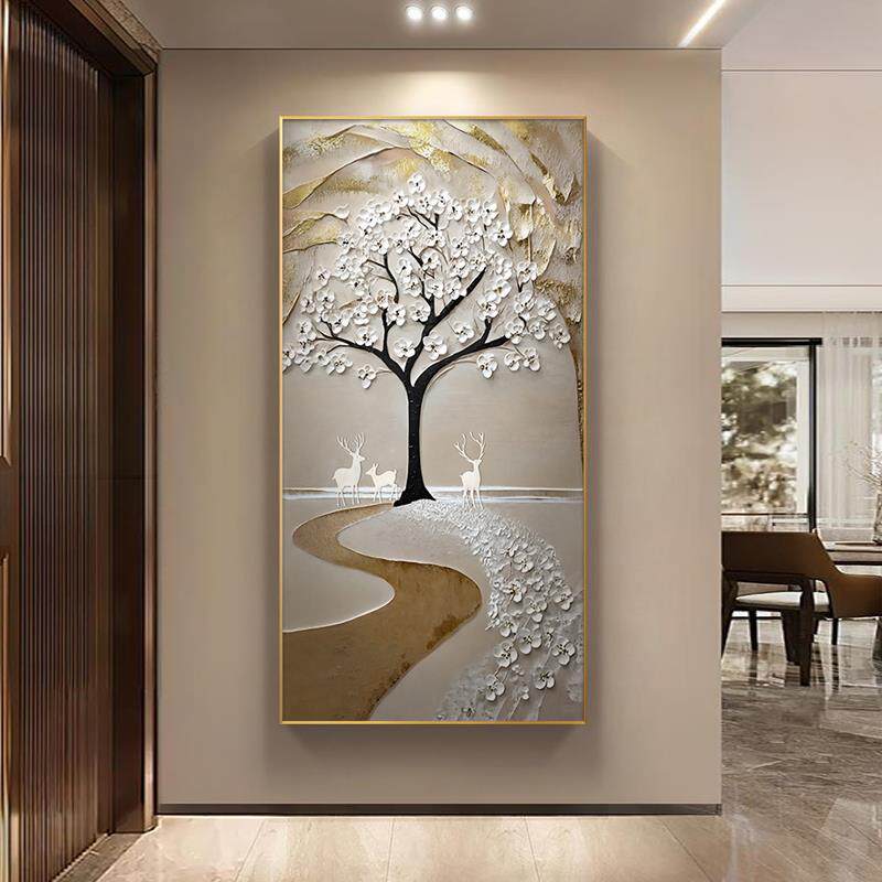 2024新款发财树玄关装饰画寓意好鹿过道走廊挂画肌理感正对门壁画