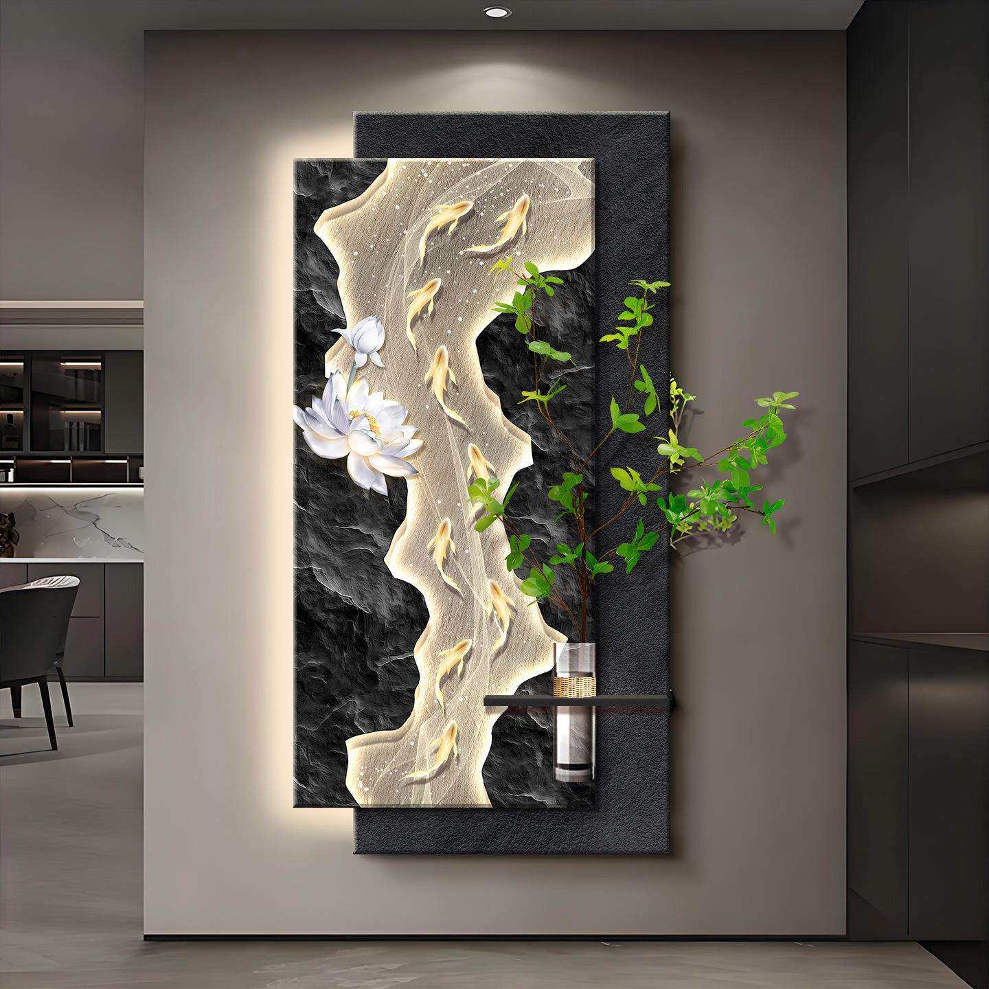 VOZ水培发绿植玄关装饰九鱼画图走廊带灯立版体挂画竖光灯画代工