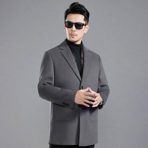 式大衣秋冬卸围男巾领白鸭脱绒GQS内胆羊中青年双面毛呢保暖外套