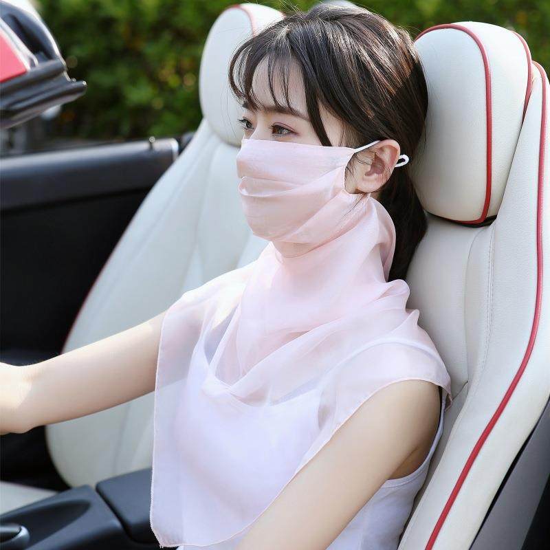 桑蚕丝防晒面纱女遮脸围巾护颈口罩真丝纱巾薄款透气防嗮面罩夏季