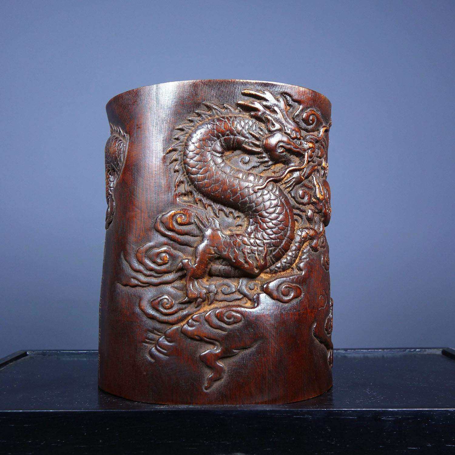 厂家古玩做旧仿古花梨木笔筒竹雕笔筒龙行天下笔筒摆件工艺品