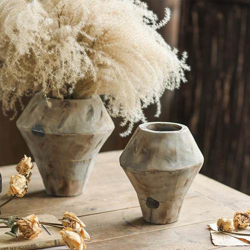 实木广口花瓶原木艺术设计感复古做旧诧寂风民宿木制花器工艺摆件