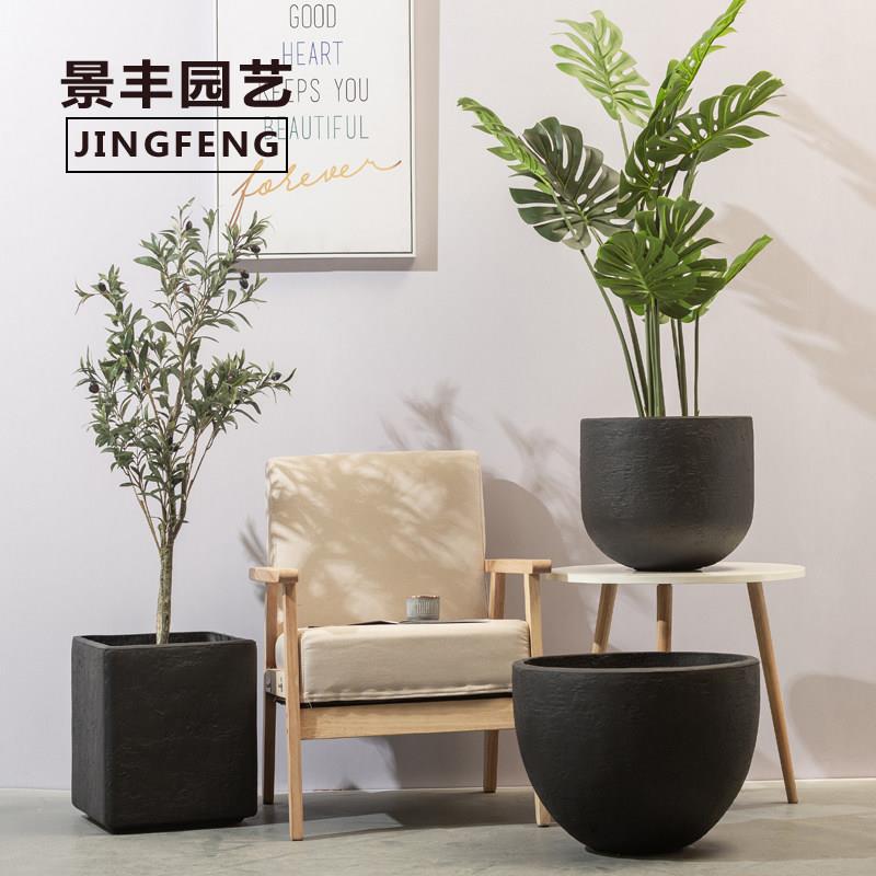 彷石头黑色花盆北欧创意盆栽水泥花盆个性黑陶瓷大号特大家用