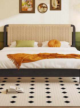 黑色家用1米5的床加床垫双人床高端主卧大床复古榫卯结构全实木床