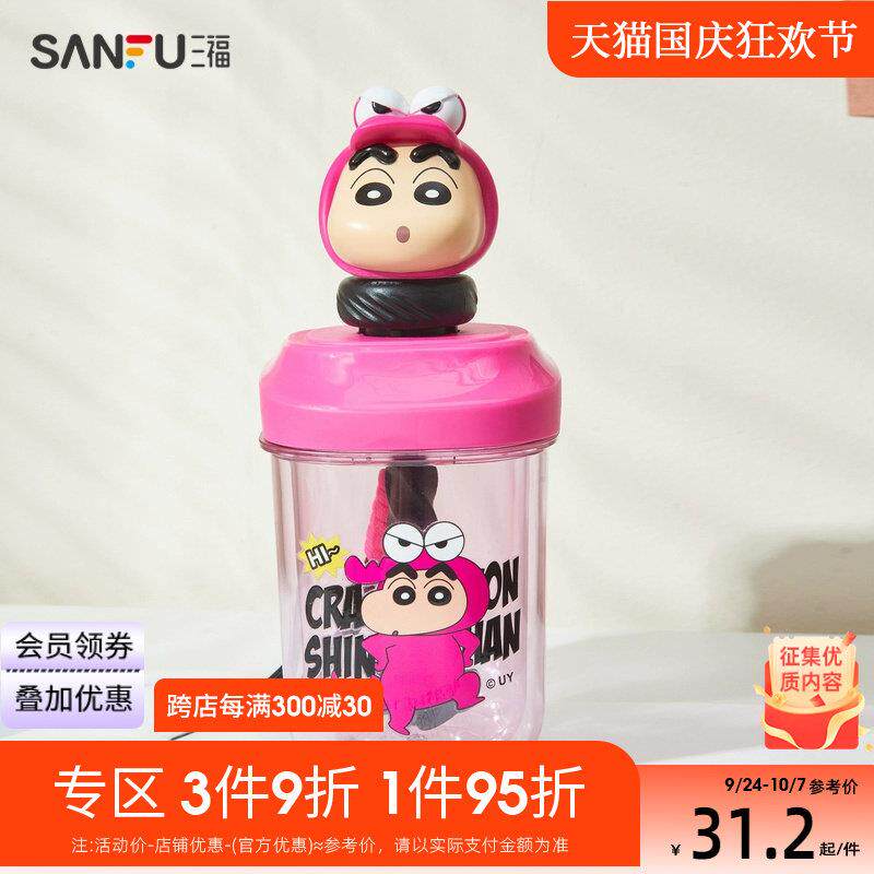 三福蜡笔小新IP搅拌塑料杯500ML 可爱创意水杯时尚杯481699图片