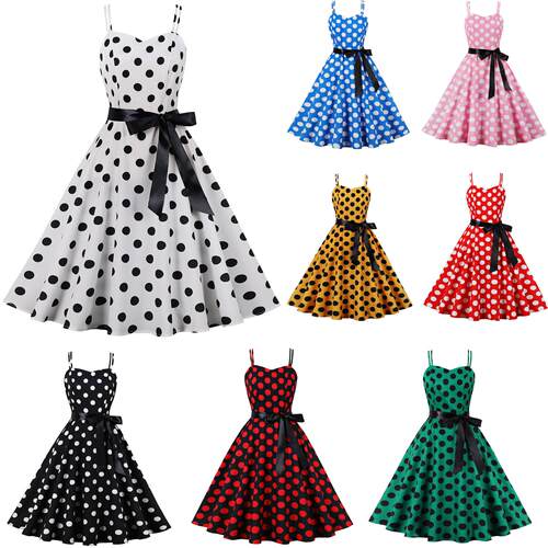 Women's polka dot dress, big swing lace up long skirt,