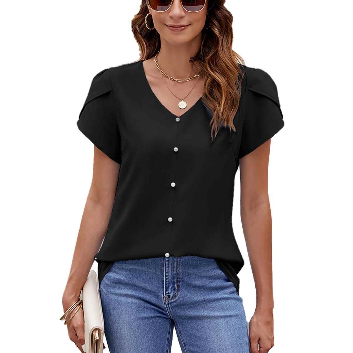 Solid color V-neck short-sleeved loose chiffon shirt pearl