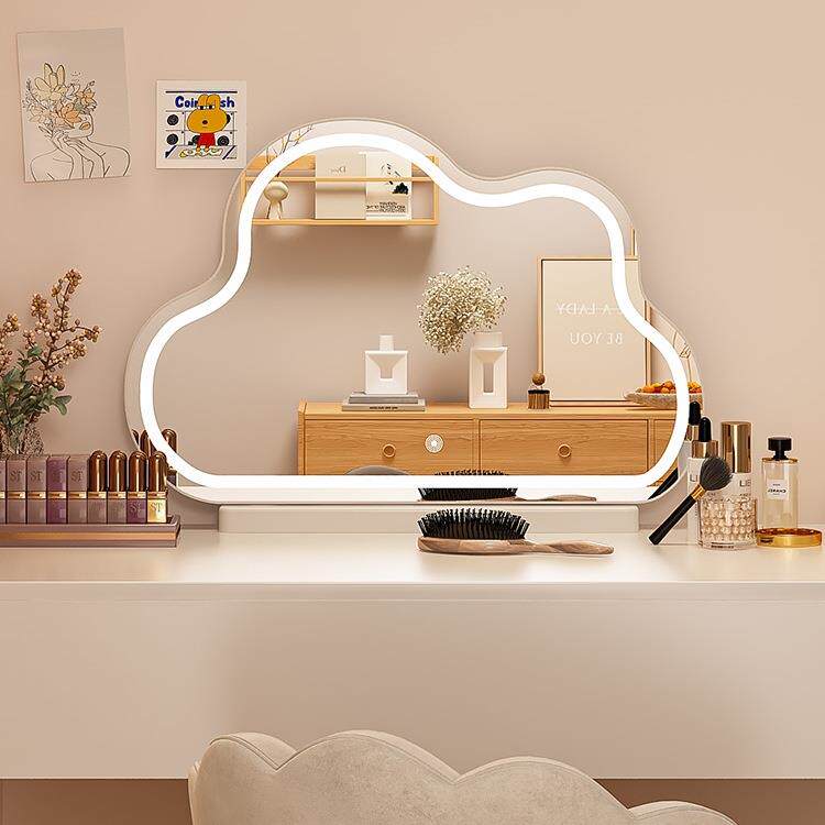 简约台式带灯梳妆镜带灯LED化妆镜网红智能镜大号桌面智能云朵镜