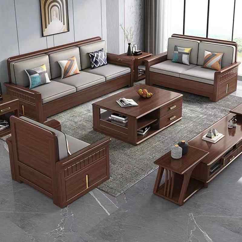 新中式胡桃木实木沙发冬夏两用型简约储物组合小户型沙发