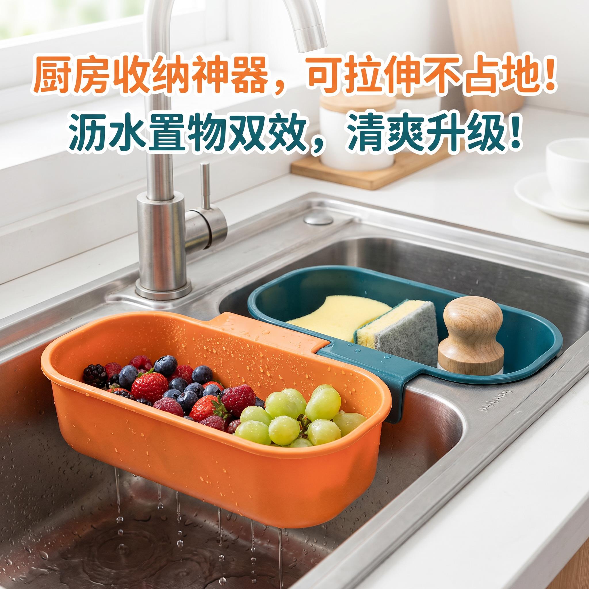可挂式水槽沥水篮家用洗菜厨房塑料干湿分离过滤控水多功能置物架