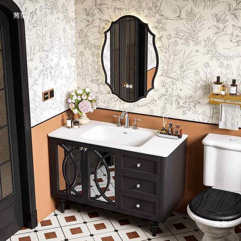 热木法式古复风JKT落地浴室柜组合岩板弯无缝一体盆橡洗手台