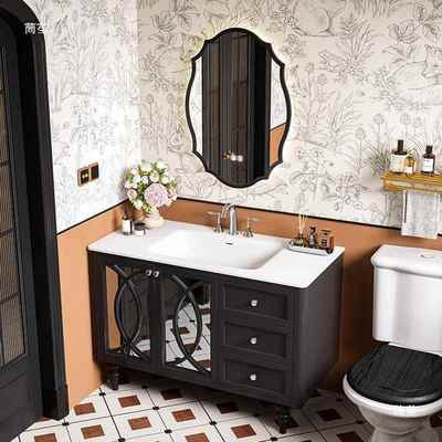 热木法式古复风JKT落地浴室柜组合岩板弯无缝一体盆橡洗手台