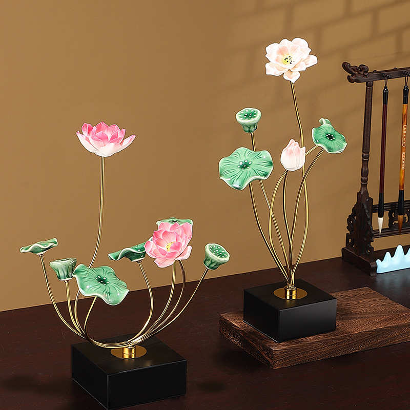 新中式高档荷花摆件家居客厅电视柜书房装饰品创意清新酒柜摆件