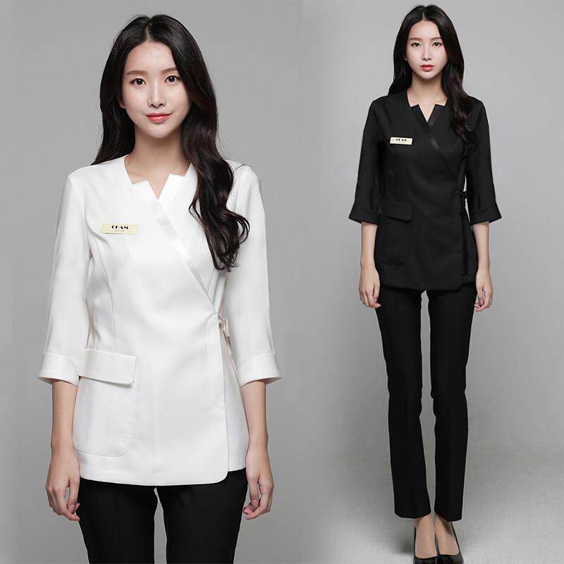 新款spa养生会所美容美甲师工作服韩版纹绣理疗按摩技师服裤套装