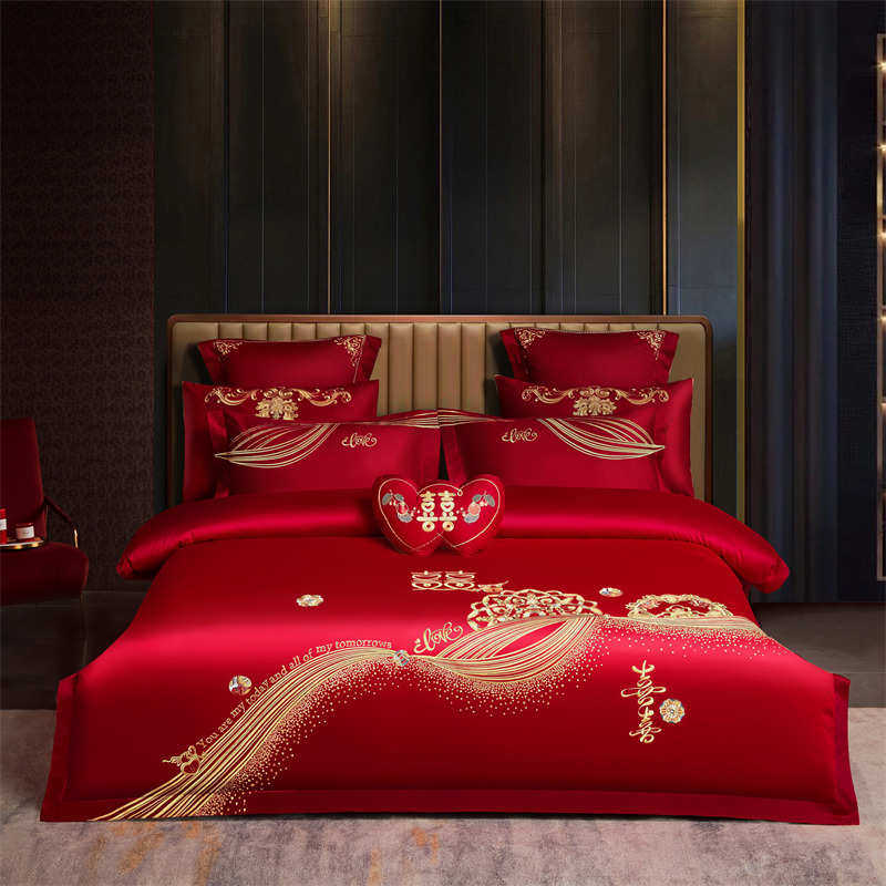 中式婚庆床上全棉四件套简约红色刺绣喜被套新婚床单纯棉结婚床品,床上用品,婚庆床品套件,淘宝优惠券,粉丝福利购,淘宝优惠卷
