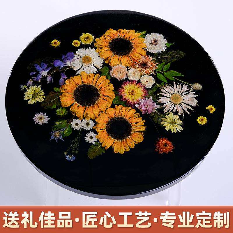 新中式干花鲜花镶嵌桌子餐厅客厅阳台圆桌创意树脂工艺咖啡花桌