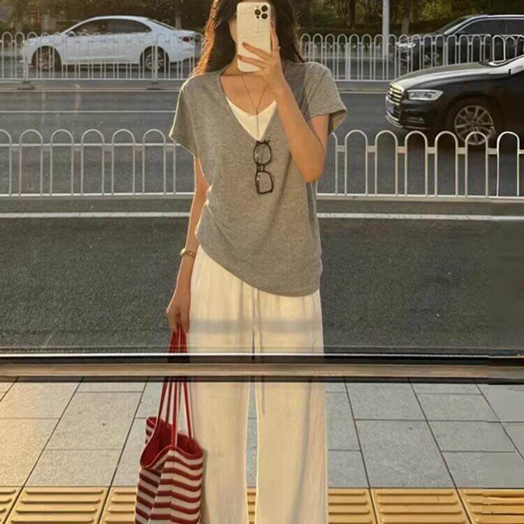 法式Rixo Kelly正肩v领假两件短袖t恤女夏季新款宽松松弛感上衣