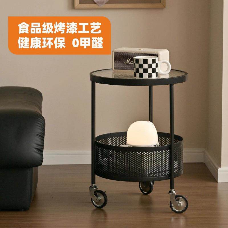 奶油移动小风厅IPK茶几小推车小户用型家沙发边几客玻璃圆形网红