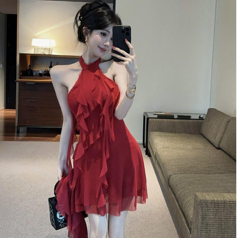 夏辣妹性感低胸露肩网纱流苏拼接连衣裙港味复古红色无袖字裙女