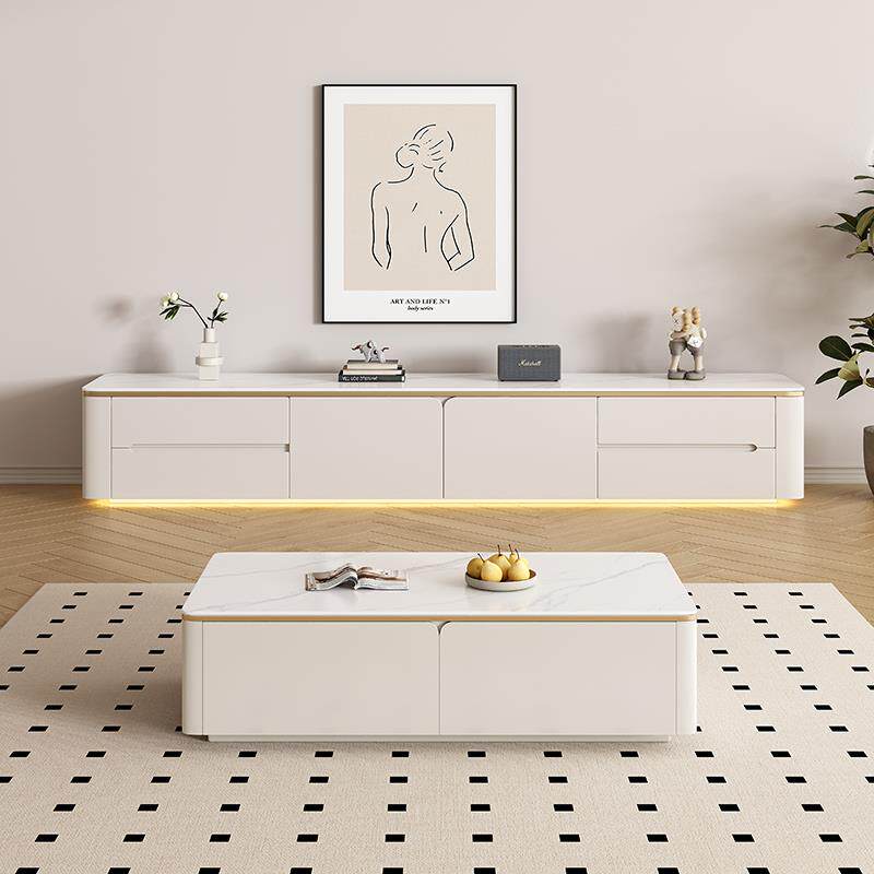 全实木岩板电视柜茶几组合现代简约小户型客厅轻奢高级落地储物柜