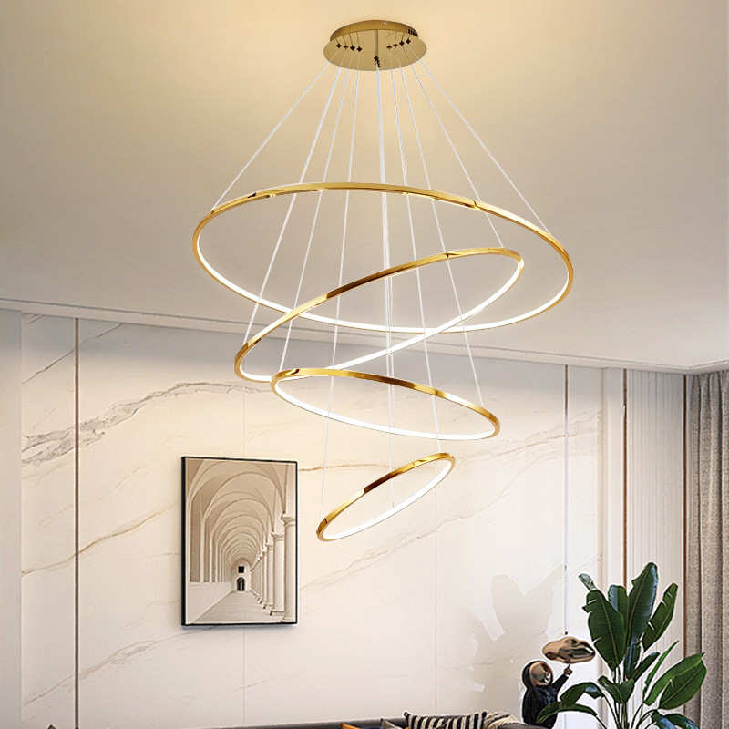 大吊灯复式楼客厅不锈钢走廊灯轻奢极简现代灯大厅设计师圆环吊灯