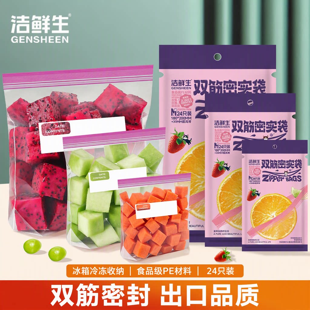 洁鲜生保鲜袋食品级加厚双筋密封家用冰箱冷冻蔬菜水果自封收纳袋