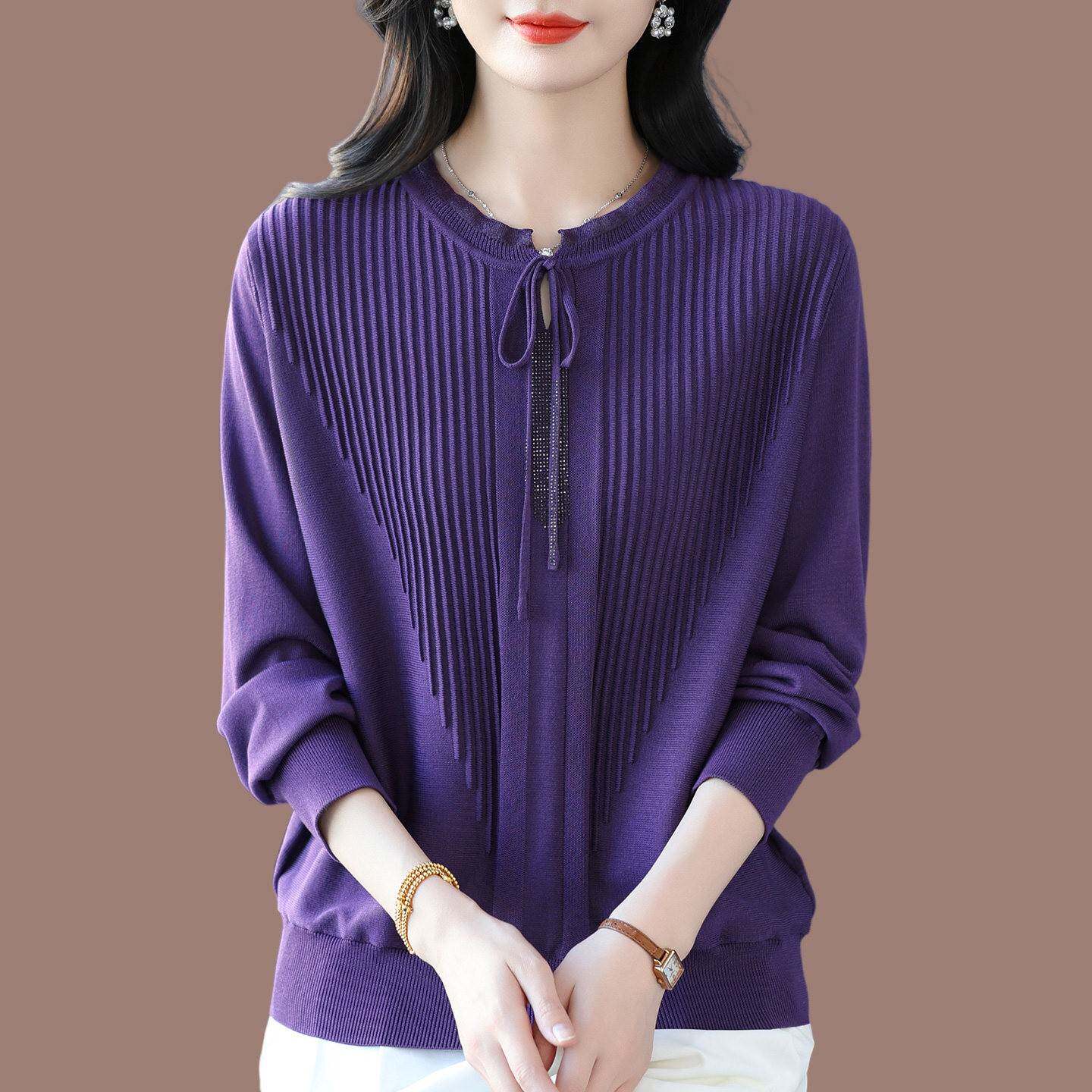 中老年妈妈短款洋派桑蚕长袖T恤女春装新款大尺码宽松蕾丝针织上