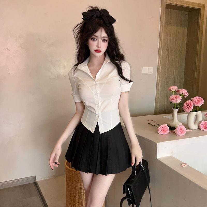设计感薄款收腰白色衬衫女减龄上衣性感会所足浴制服套装百褶裙