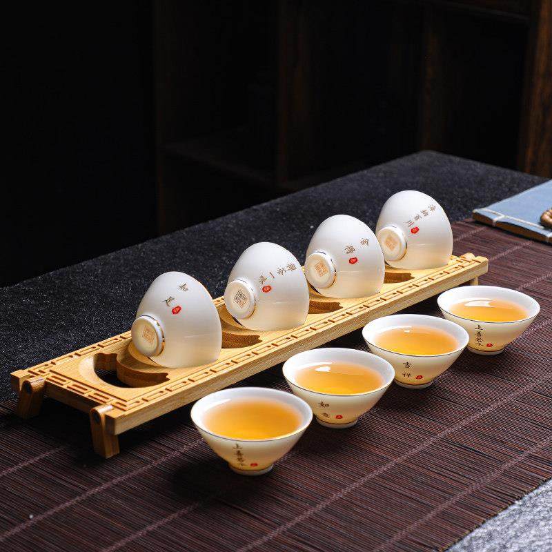 羊脂玉瓷斗笠杯 陶瓷白瓷茶杯套装简约现代家用品茗杯8祇装带杯架