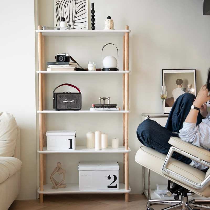 白色榉木置物架落地多层小户型客厅家用书架自由组合收纳柜展示架