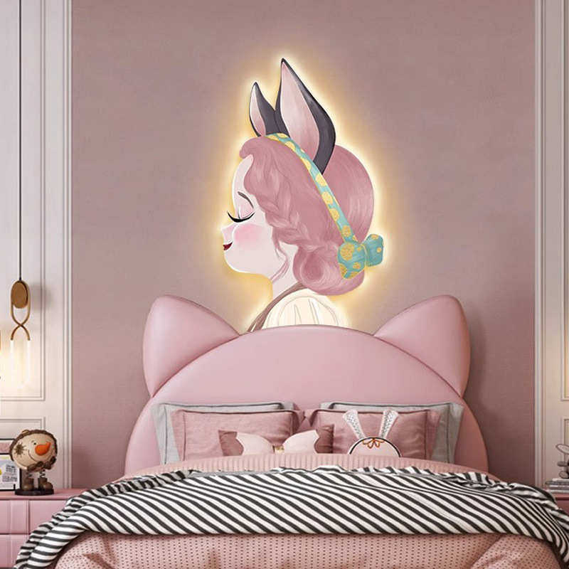 创意装饰画粉色女孩房间壁画儿童房卧室led灯画客厅可爱卡通挂画