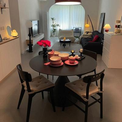 纯黑岩板圆桌可旋转伸缩方圆两用餐桌小户型家用圆桌简约复古饭桌