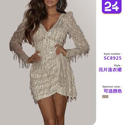 Women's dress long sleeved V-neck sequined tassel wrapped