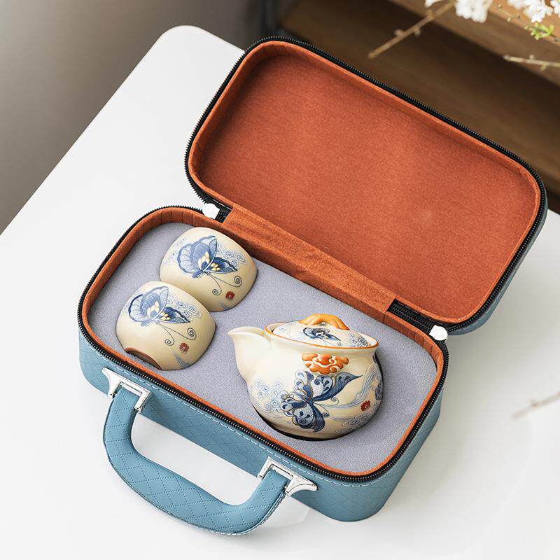 汝窑一壶三杯户外露营喝茶旅行茶具小套装便携式泡茶壶茶杯一人饮