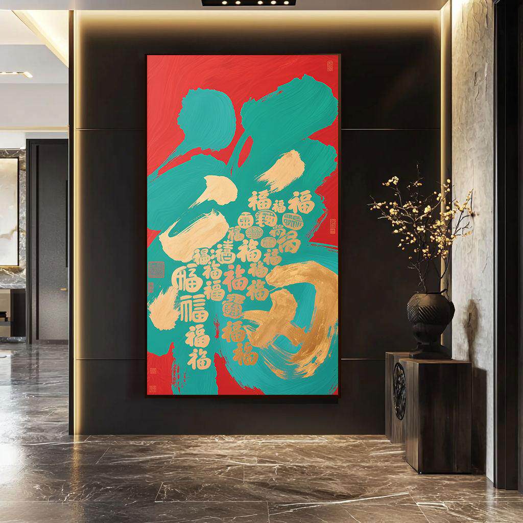 福字挂画 画装饰画 画客厅玄关高级感中古新中式原创百福图寓意好