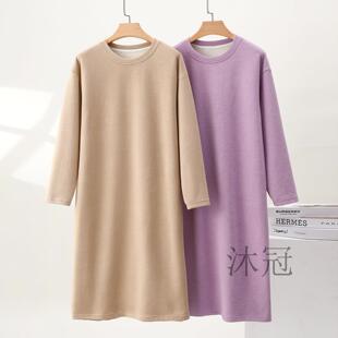 女士德绒睡裙秋冬睡衣中长版洋装发热中年大尺码连身家居服睡袍浴