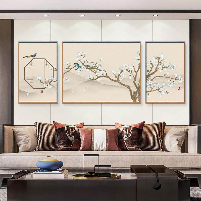 新中式沙发背景墙挂画客厅装饰画茶室禅意墙画花鸟壁画玉兰三联画