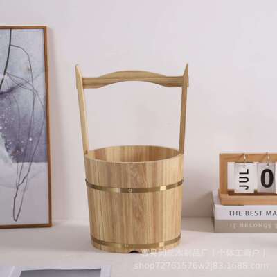 木质提水桶足浴桶小木桶桑拿温泉木提桶拎水桶木勺瓢影视道具