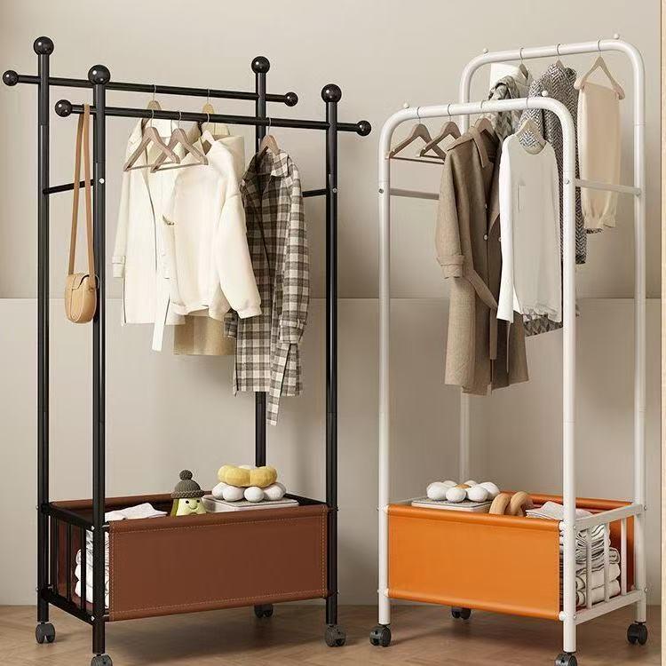 落地衣架奶油风双杆简易晾衣架带轮床边可移动挂衣架子入户衣帽架